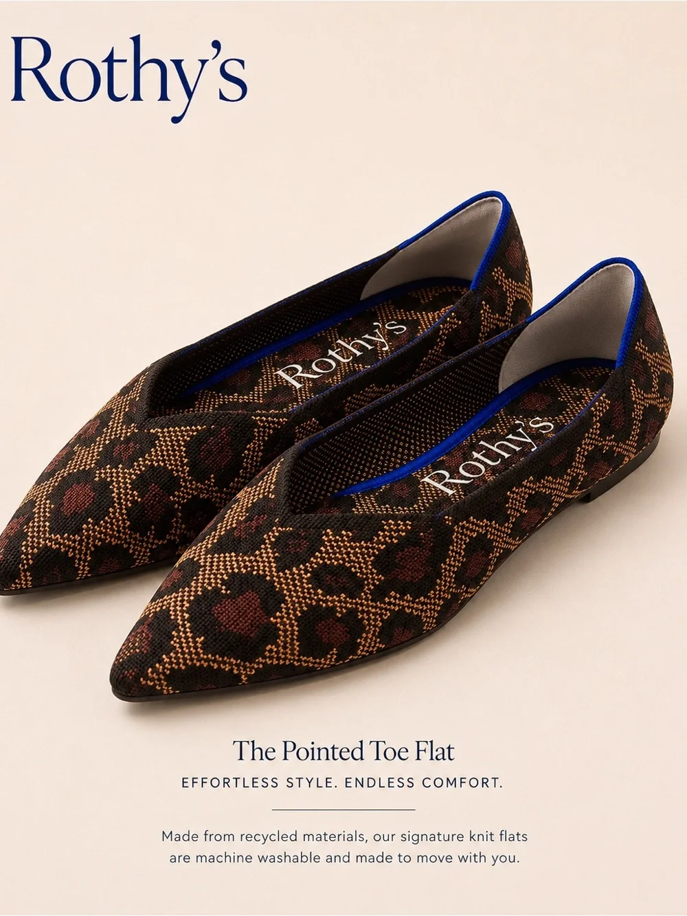Rothy’s Pointed-Toe Knit Flats – Leopard Floral Print – Size 8